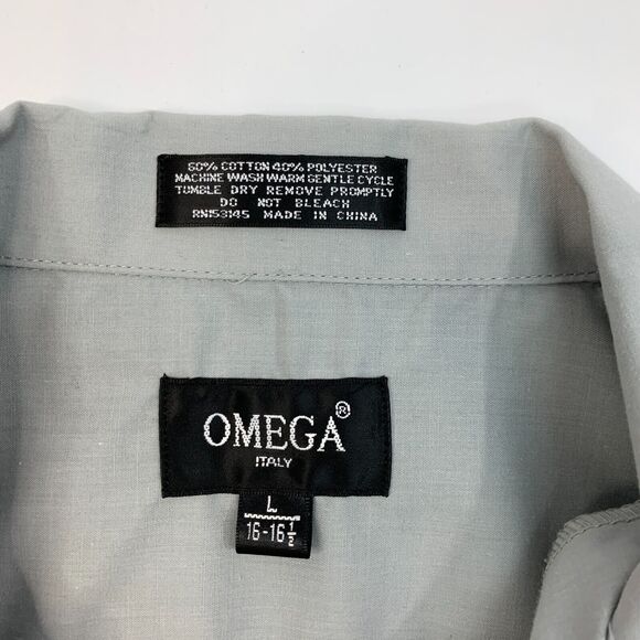 Omega Embroidered Button Up Shirt Mens L Large Gray Short Sleeve Cotton Blend - Picture 5 of 11